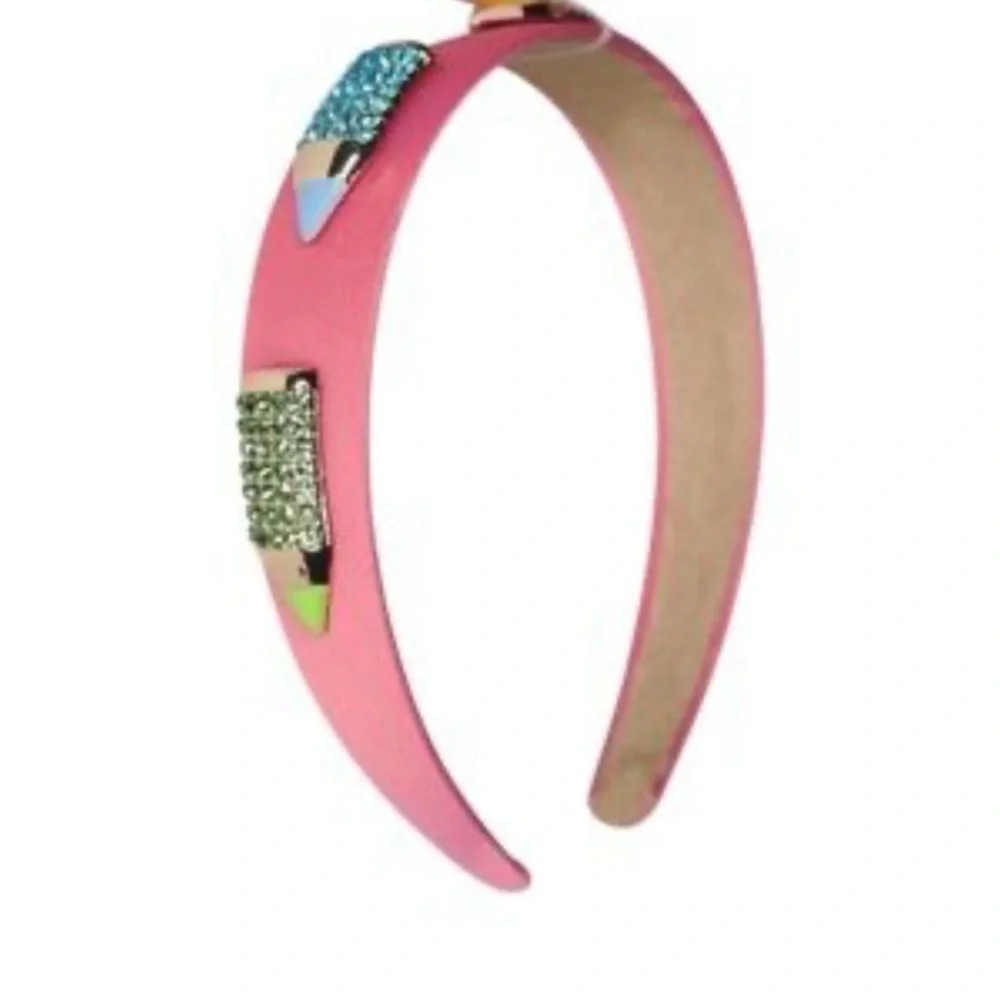 NEW Piper K Pink Fabric Headband w/ Yellow Green Blue Pink Rhinestone Pencils